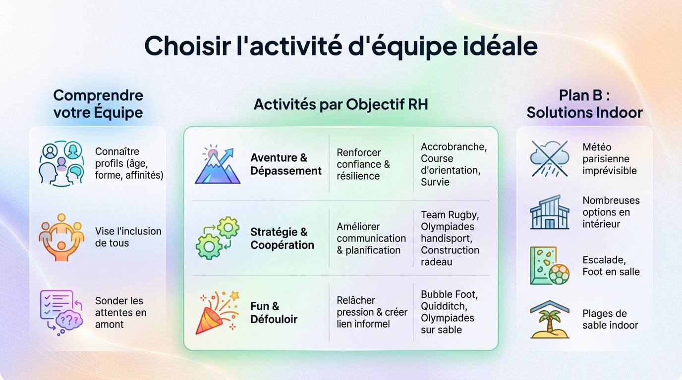 Groupe de collègues unis lors d'une activité sportive de team building à Paris