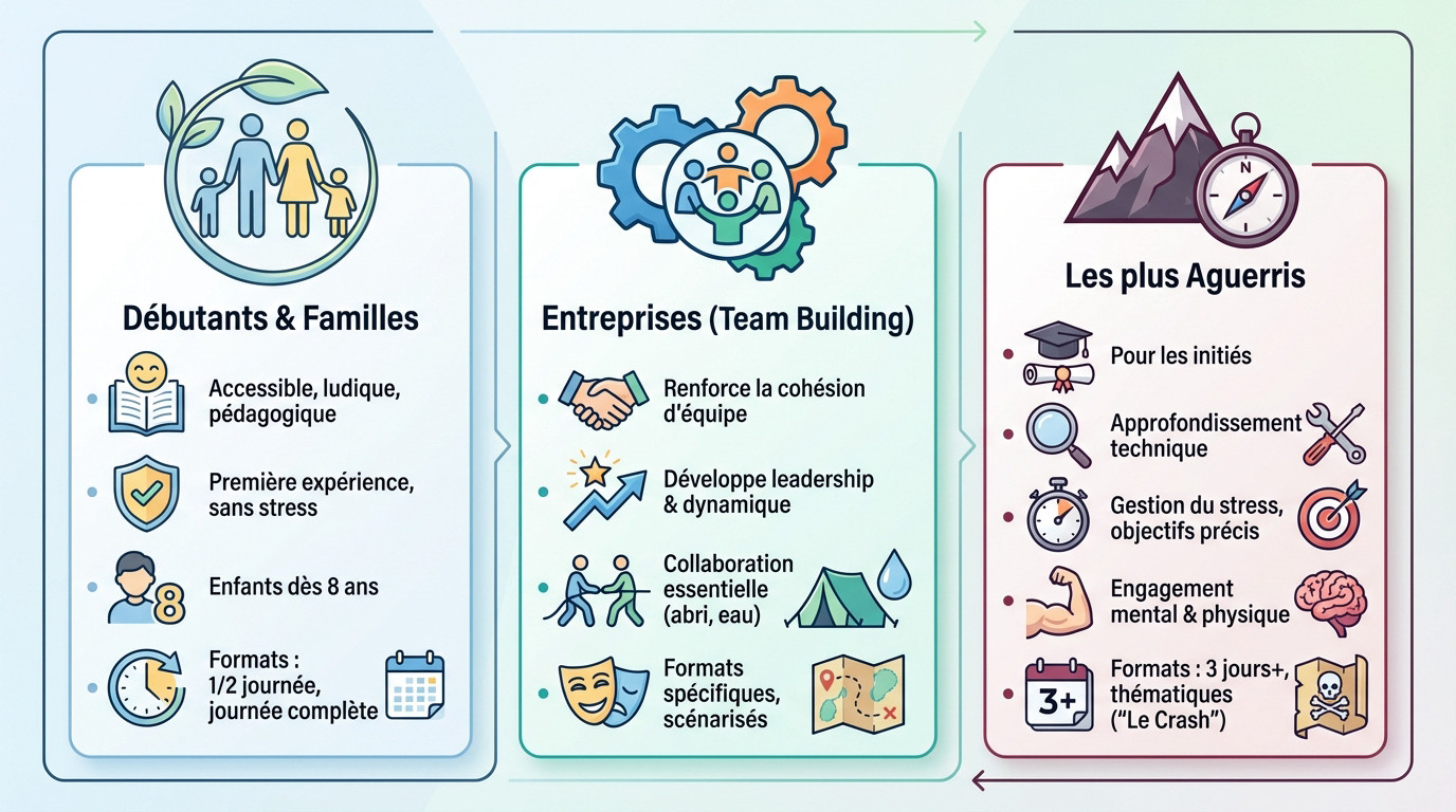 Choix d'un stage de survie adapté : famille, entreprise ou expert