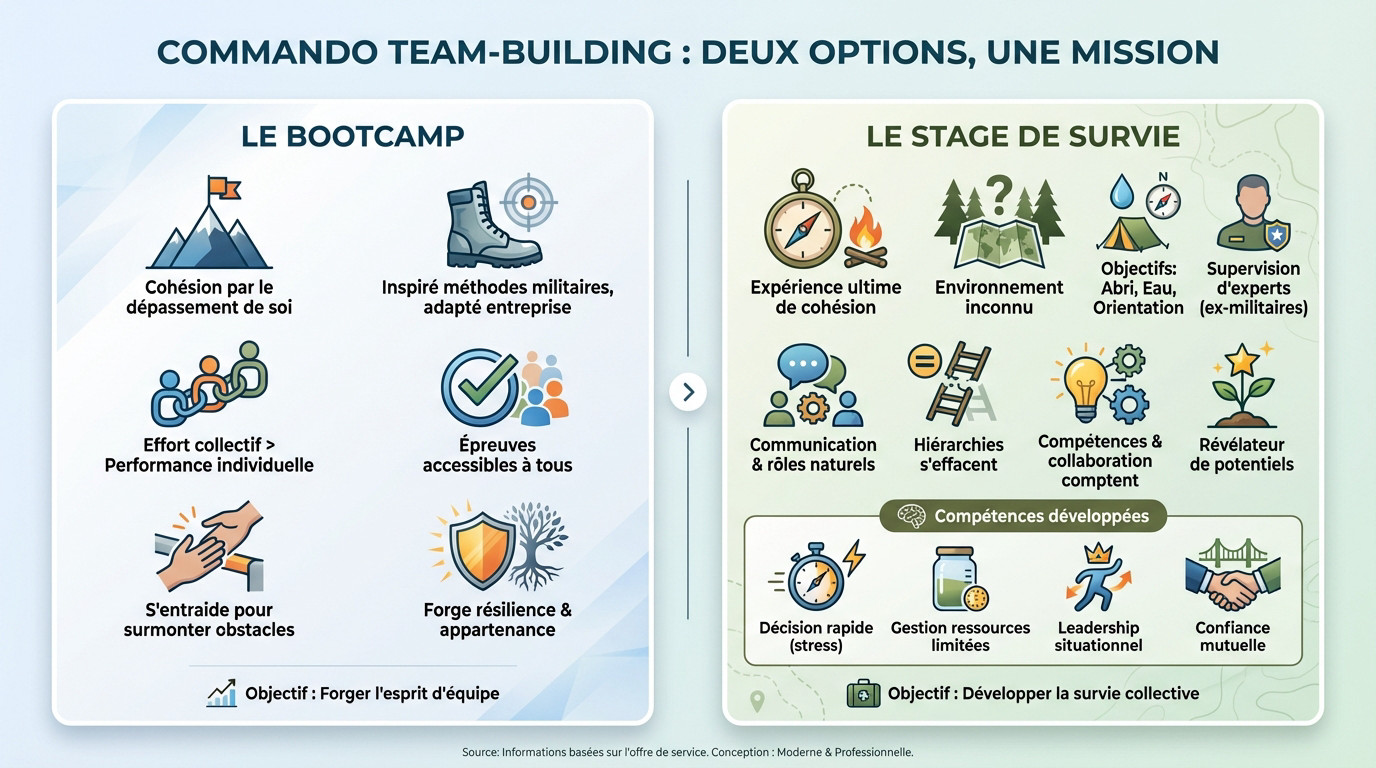 Groupe de collaborateurs s'entraidant lors d'un parcours d'obstacles type commando