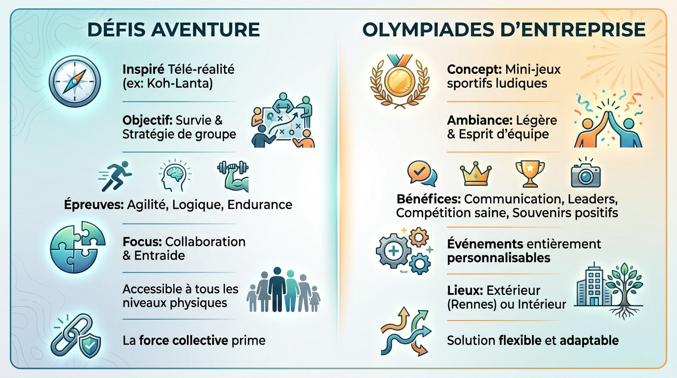 Comparaison entre défis aventure type survie et olympiades d'entreprise pour un team building sportif à Rennes