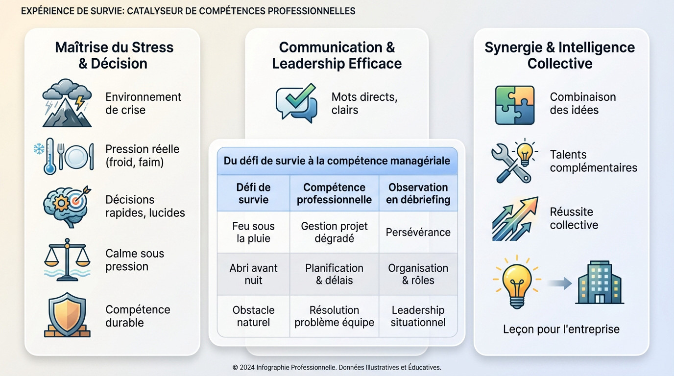 Collaborateurs développant leurs compétences professionnelles lors d'un stage de survie