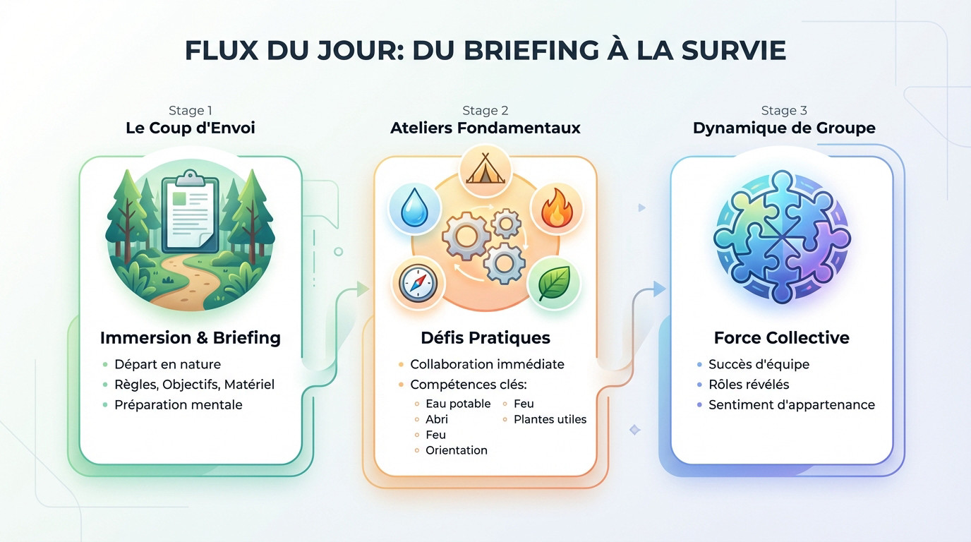 Groupe de collaborateurs en forêt écoutant les instructions d'un guide lors d'un stage de survie