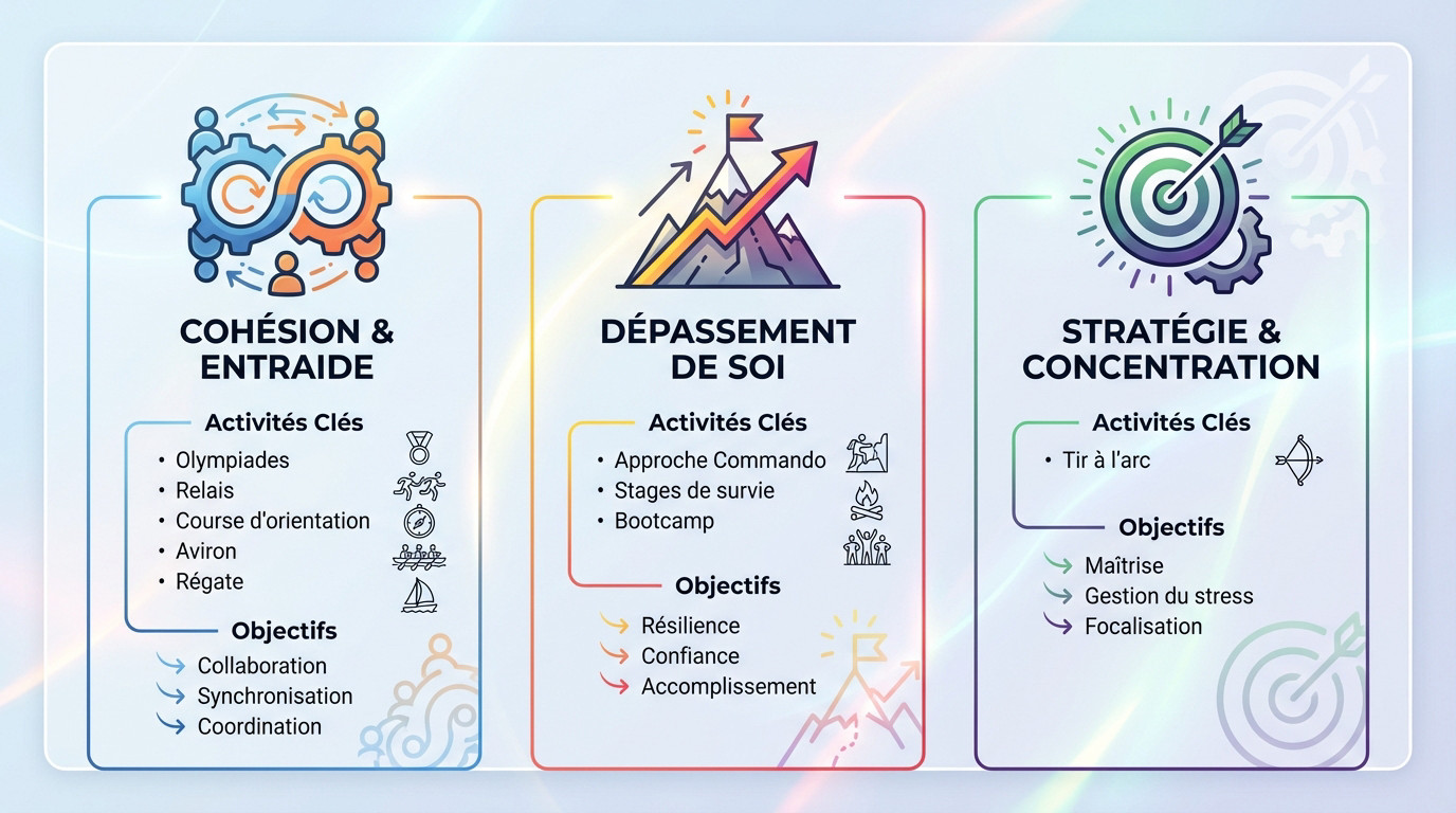 Infographie présentant diverses activités de team building sportif pour entreprise