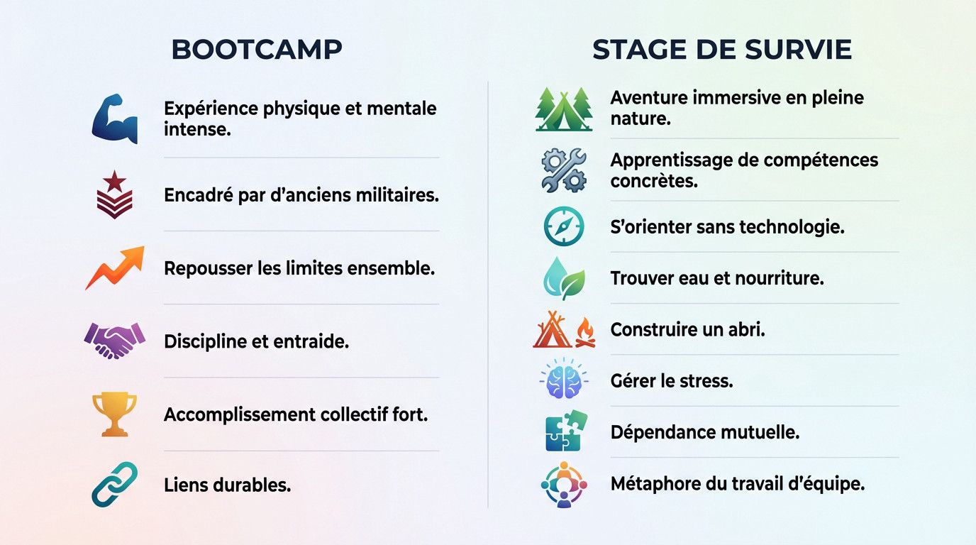 Infographie comparant les bénéfices d'un bootcamp et d'un stage de survie pour la cohésion d'équipe