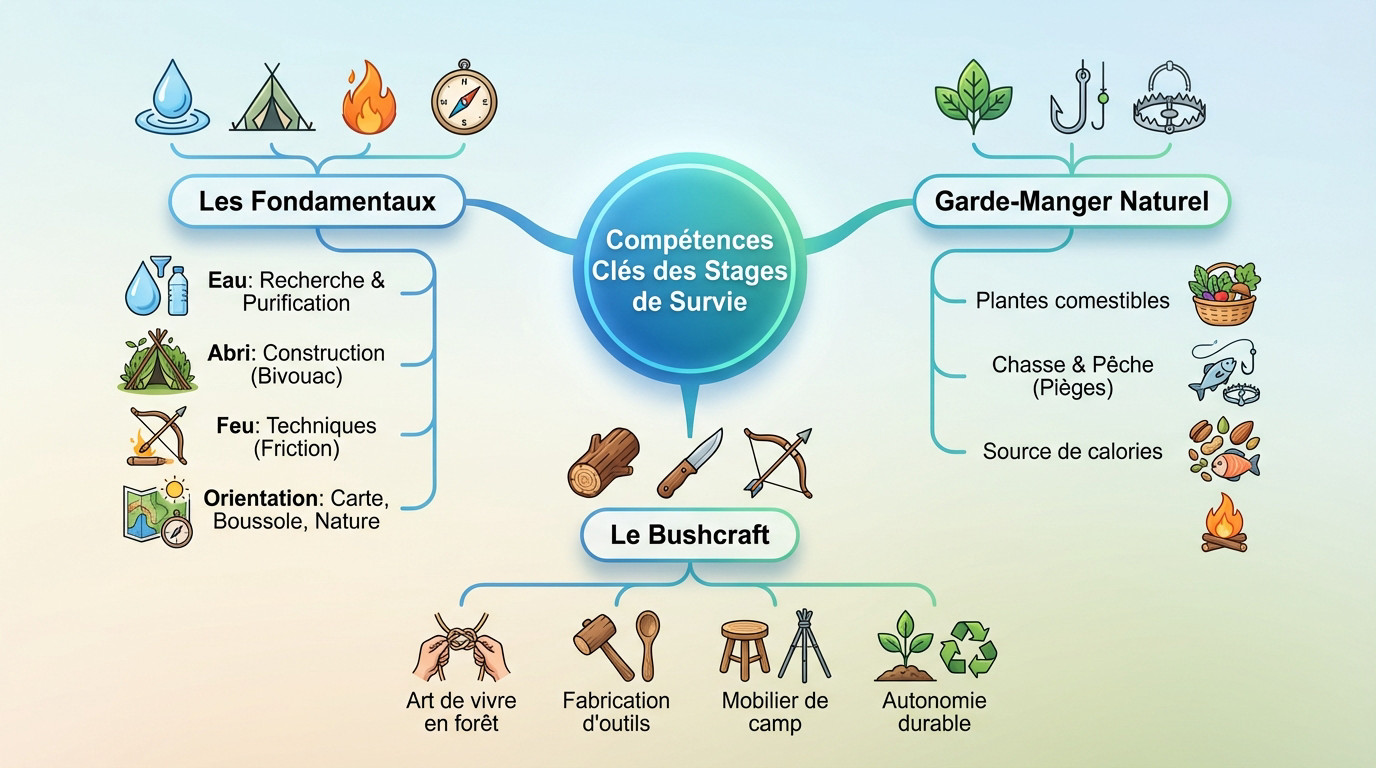 Infographie détaillant les compétences clés apprises lors d'un stage de survie : eau, abri, feu et orientation