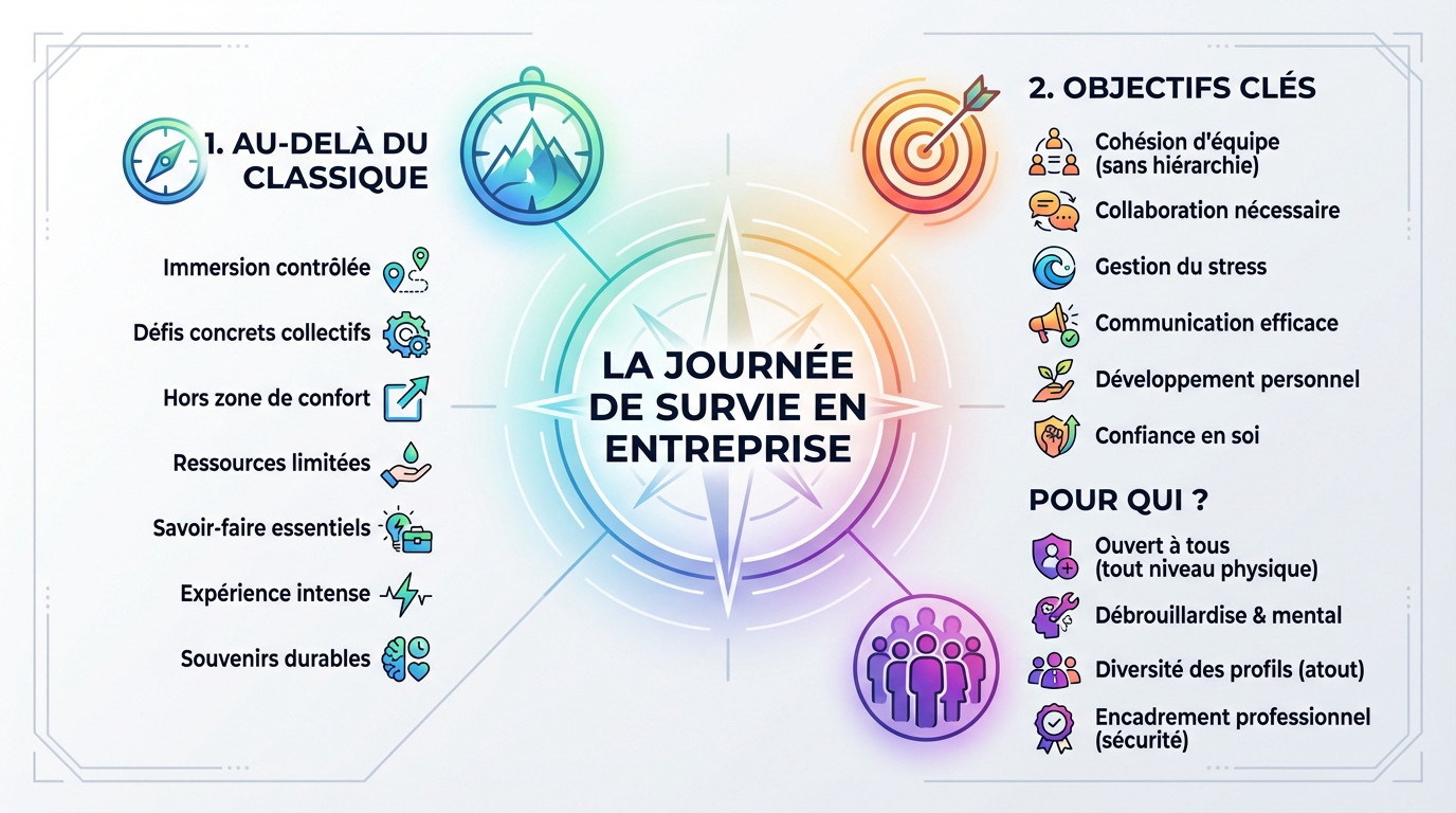 Infographie détaillant les activités et bénéfices d'une journée de stage de survie en entreprise
