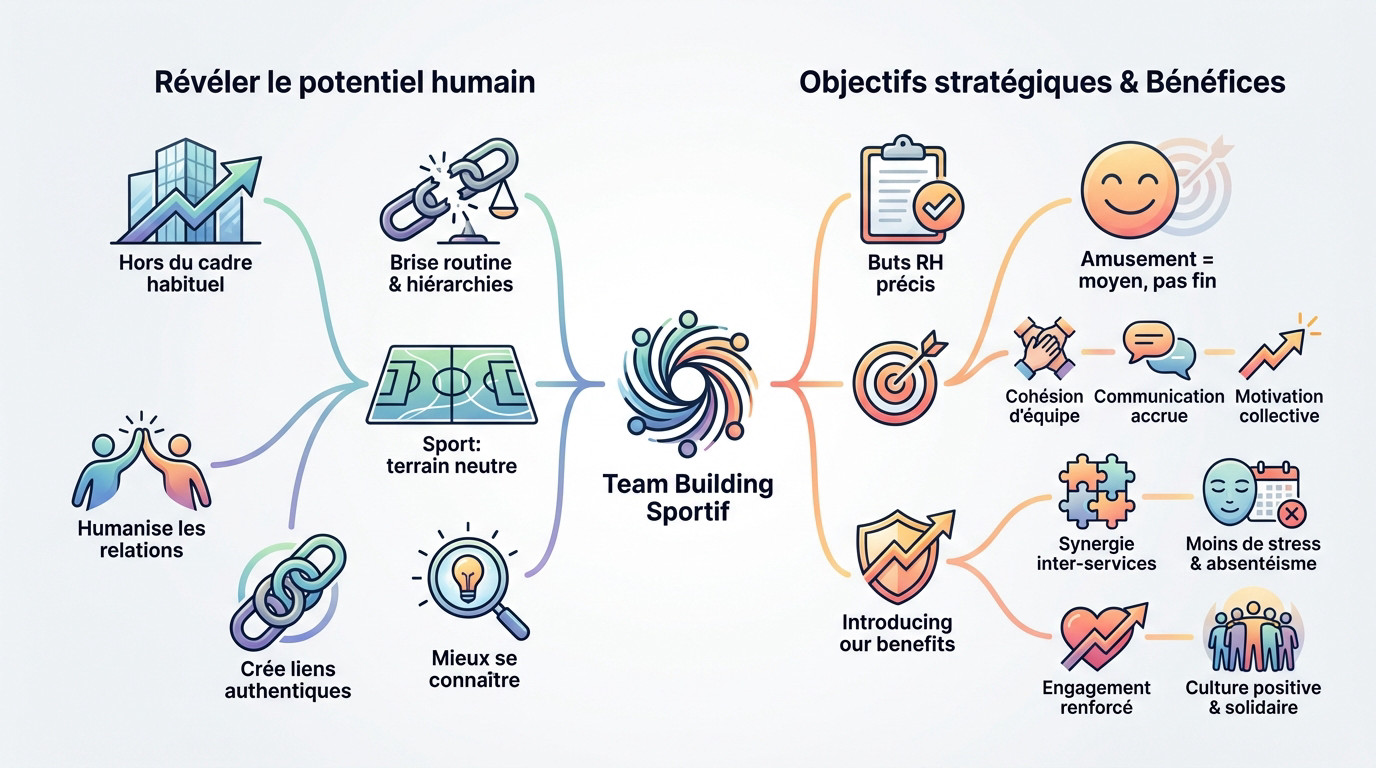 Infographie illustrant les bénéfices du team building sportif en entreprise