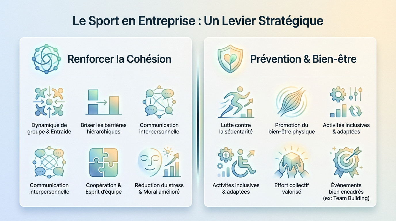 Infographie sur les bénéfices stratégiques du sport en entreprise pour la cohésion et la santé
