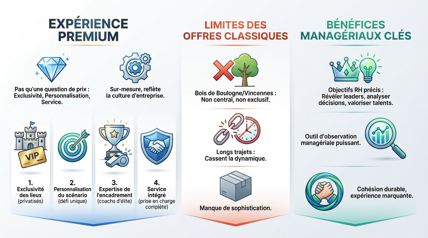 Infographie détaillant les piliers d'un team building sportif premium : exclusivité, personnalisation et expertise