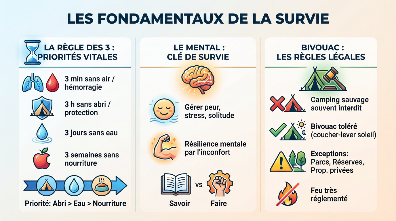 Schéma illustrant la règle des 3 en survie : air, abri, eau et nourriture
