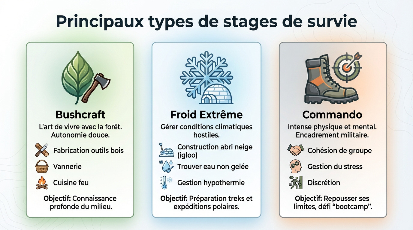 Infographie présentant les différences entre bushcraft, stage grand froid et commando
