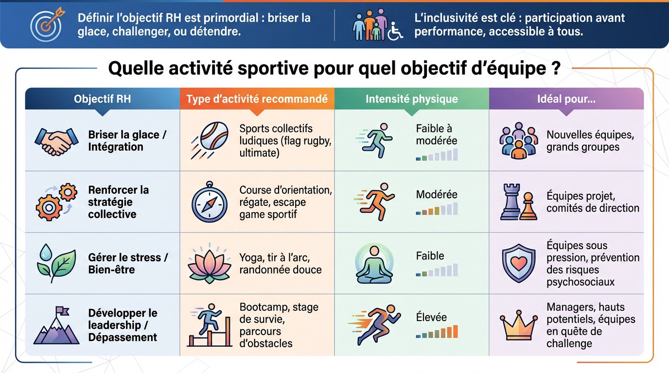 Tableau comparatif des activités de team building sportif selon les objectifs RH et l'intensité