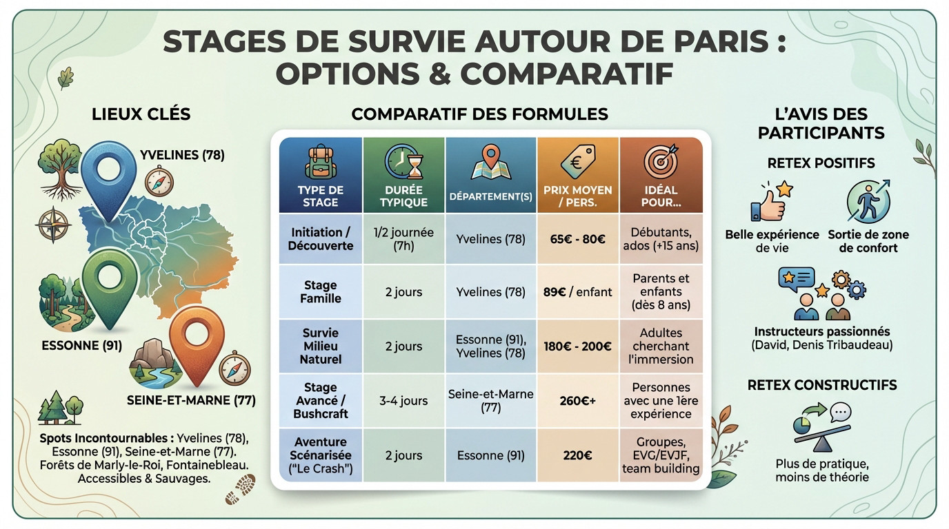 Comparatif des stages de survie disponibles autour de Paris et en Île-de-France