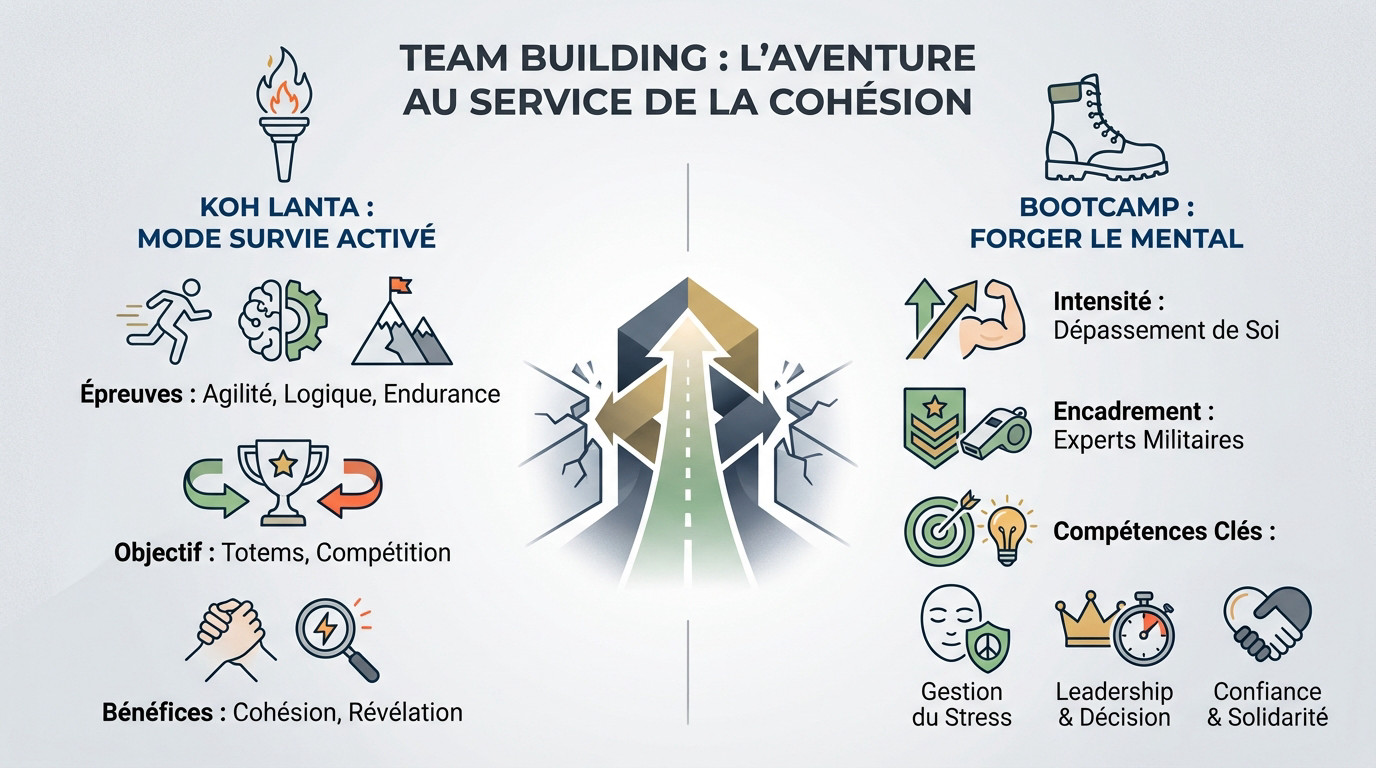 Groupe de collaborateurs participant à un challenge aventure type Koh Lanta en extérieur